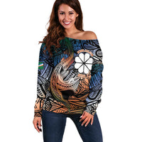 Personalised Kwajalein Atoll Off Shoulder Sweater Polynesian Shark Tattoo Gradient Vibes LT14 Women Black - Polynesian Pride