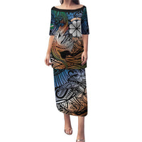 Personalised Kwajalein Atoll Puletasi Polynesian Shark Tattoo Gradient Vibes LT14 Long Dress Black - Polynesian Pride