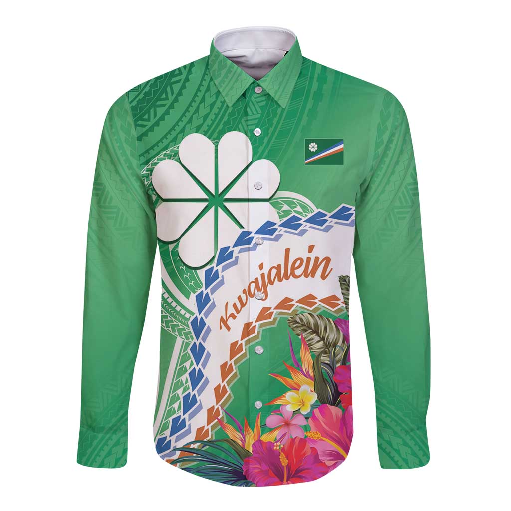 Marshall Islands Kwajalein Atoll Long Sleeve Button Shirt Curves Polynesian Mix Tropical Flowers LT14 Unisex Green - Polynesian Pride
