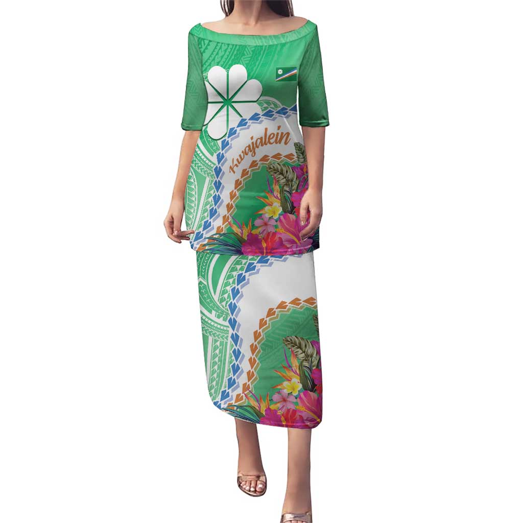 Marshall Islands Kwajalein Atoll Puletasi Curves Polynesian Mix Tropical Flowers LT14 Long Dress Green - Polynesian Pride