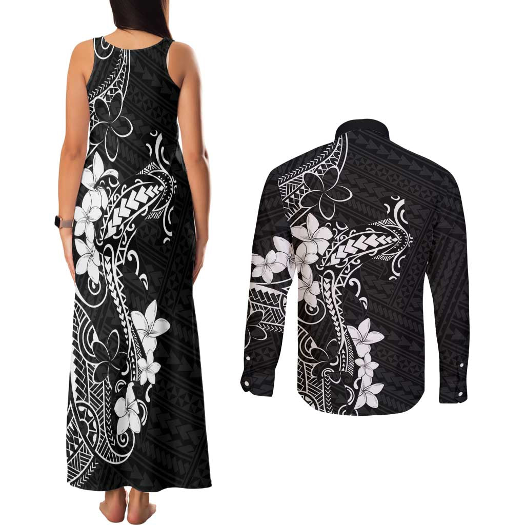 Black Hawaii Couples Matching Tank Maxi Dress and Long Sleeve Button Shirt Hammerhead Shark Tattoo Curve Polynesian LT14 - Polynesian Pride