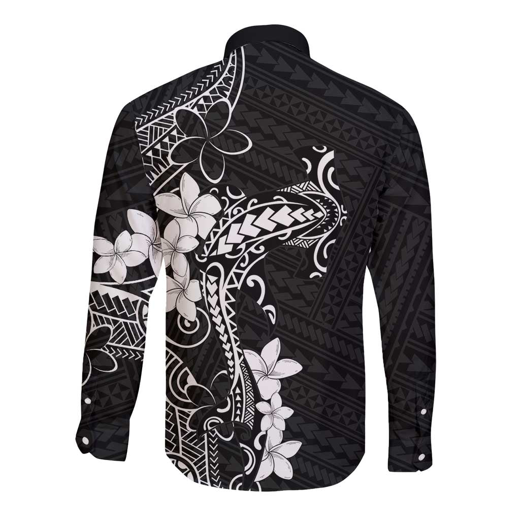 Black Hawaii Long Sleeve Button Shirt Hammerhead Shark Tattoo Curve Polynesian LT14 - Polynesian Pride