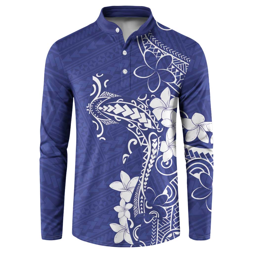 Blue Hawaii Button Sweatshirt Hammerhead Shark Tattoo Curve Polynesian LT14 Blue - Polynesian Pride