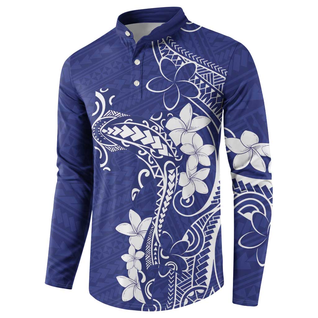 Blue Hawaii Button Sweatshirt Hammerhead Shark Tattoo Curve Polynesian LT14 - Polynesian Pride