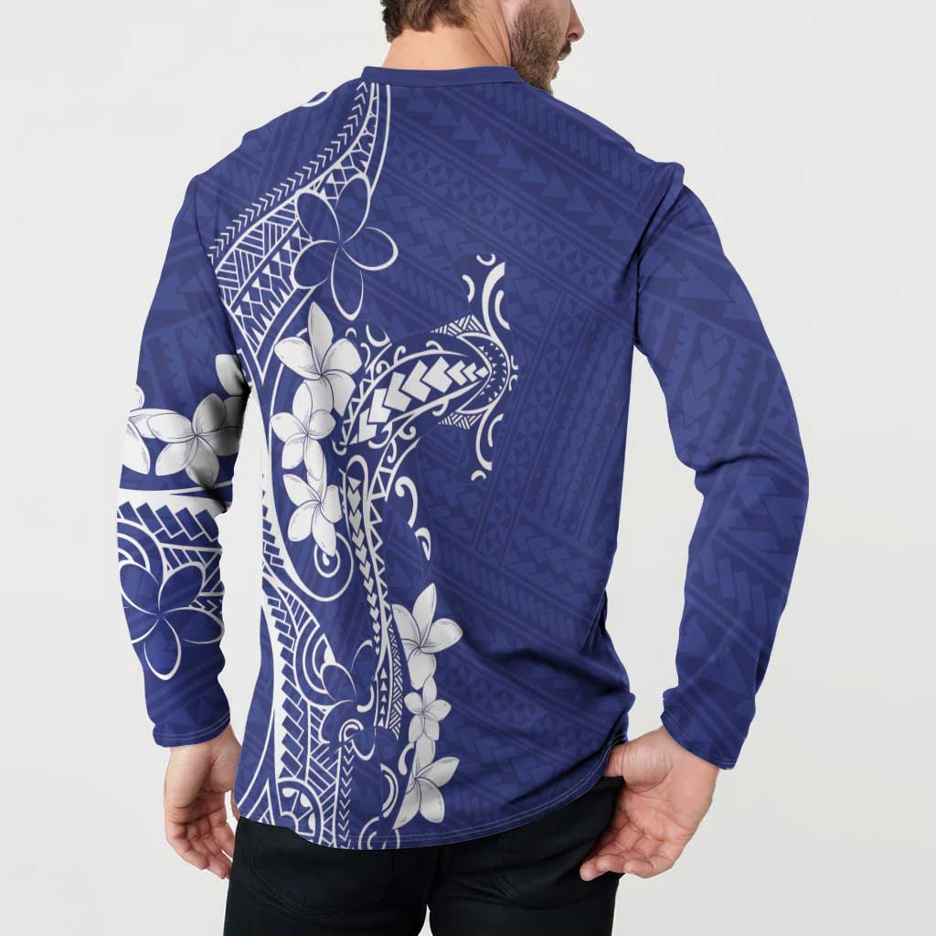 Blue Hawaii Button Sweatshirt Hammerhead Shark Tattoo Curve Polynesian LT14 - Polynesian Pride
