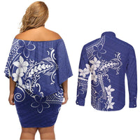 Blue Hawaii Couples Matching Off Shoulder Short Dress and Long Sleeve Button Shirt Hammerhead Shark Tattoo Curve Polynesian LT14 - Polynesian Pride