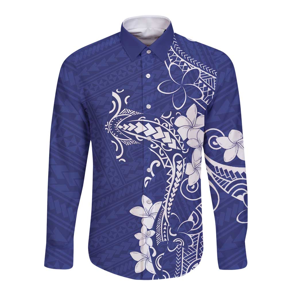 Blue Hawaii Long Sleeve Button Shirt Hammerhead Shark Tattoo Curve Polynesian LT14 Unisex Blue - Polynesian Pride