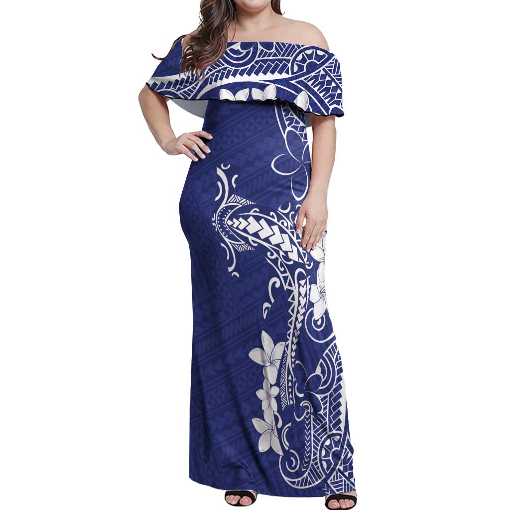 Blue Hawaii Off Shoulder Maxi Dress Hammerhead Shark Tattoo Curve Polynesian LT14 Women Blue - Polynesian Pride
