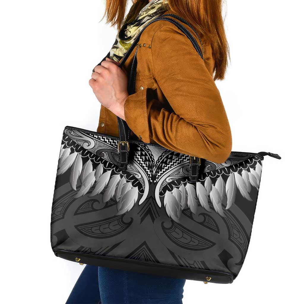 Poutama Korowai New Zealand Leather Tote Bag Aotearoa Maori Tattoo LT14 Black - Polynesian Pride