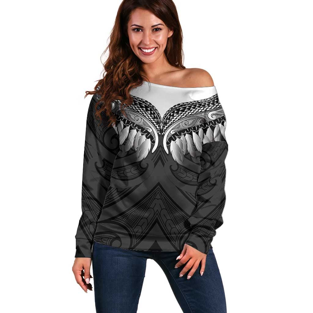 Poutama Korowai New Zealand Off Shoulder Sweater Aotearoa Maori Tattoo LT14 Women Black - Polynesian Pride