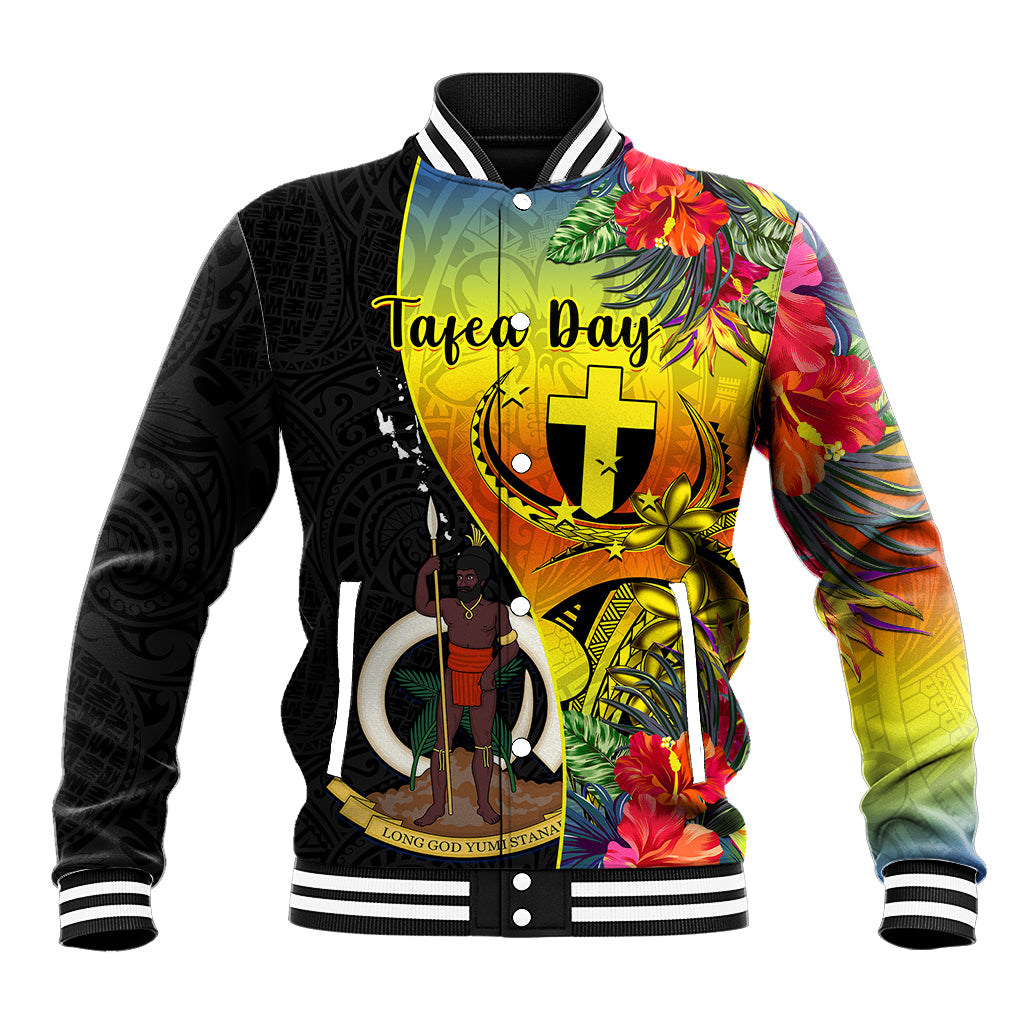 Vanuatu Tafea Day Baseball Jacket Coat Of Arms Mix Tropical Flowers LT14 Unisex Black - Polynesian Pride