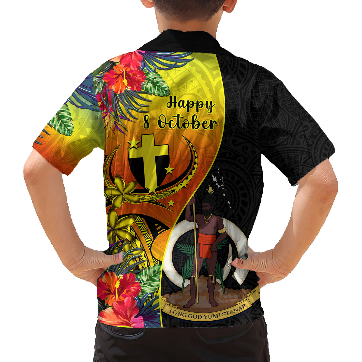 Vanuatu Tafea Day Kid Hawaiian Shirt Coat Of Arms Mix Tropical Flowers LT14 - Polynesian Pride