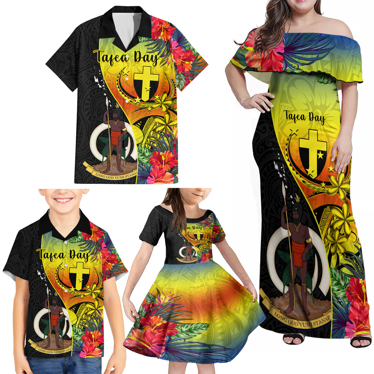 personalised-vanuatu-tafea-day-family-matching-off-shoulder-maxi-dress-and-hawaiian-shirt-coat-of-arms-mix-tropical-flowers