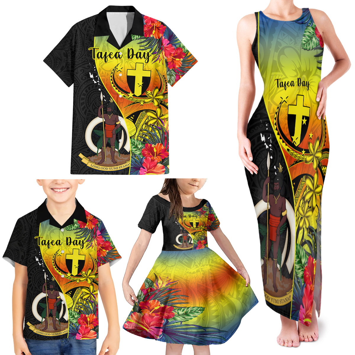 personalised-vanuatu-tafea-day-family-matching-tank-maxi-dress-and-hawaiian-shirt-coat-of-arms-mix-tropical-flowers