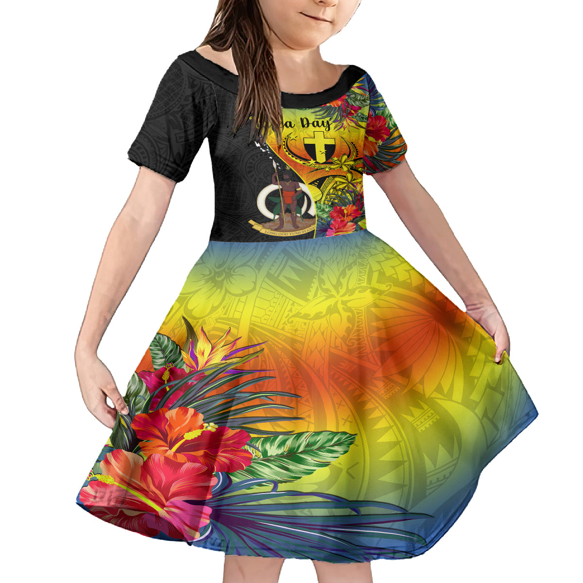 Personalised Vanuatu Tafea Day Kid Short Sleeve Dress Coat Of Arms Mix Tropical Flowers LT14 KID Black - Polynesian Pride