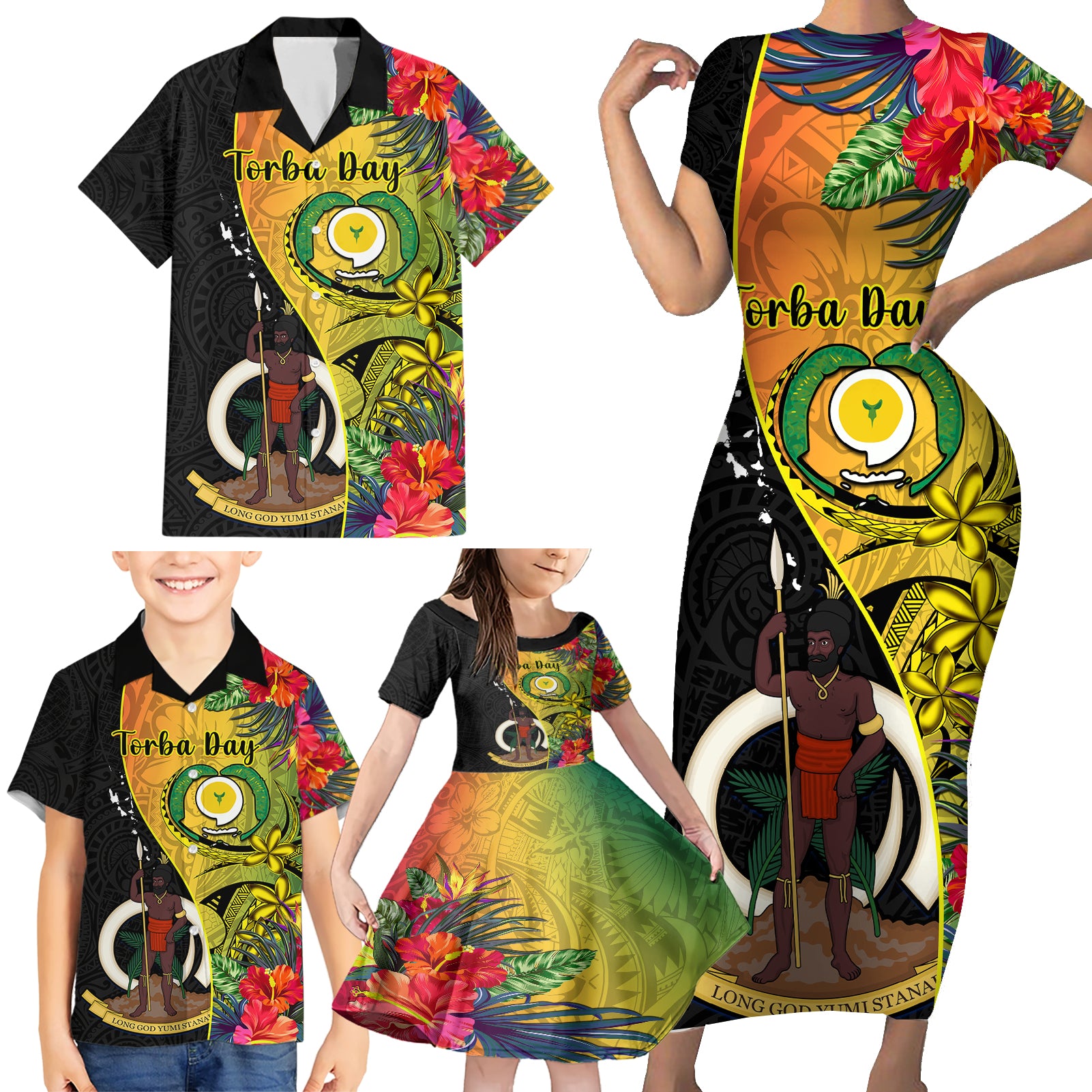 vanuatu-torba-day-family-matching-short-sleeve-bodycon-dress-and-hawaiian-shirt-coat-of-arms-mix-tropical-flowers