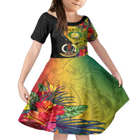 Vanuatu Torba Day Kid Short Sleeve Dress Coat Of Arms Mix Tropical Flowers LT14 KID Black - Polynesian Pride