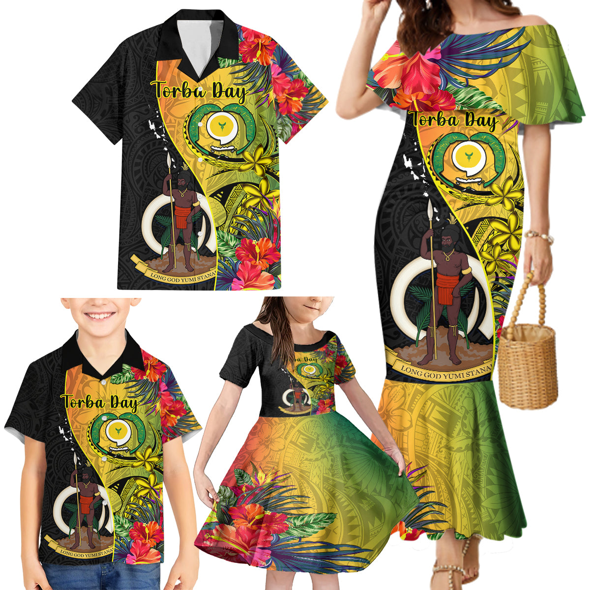 personalised-vanuatu-torba-day-family-matching-mermaid-dress-and-hawaiian-shirt-coat-of-arms-mix-tropical-flowers