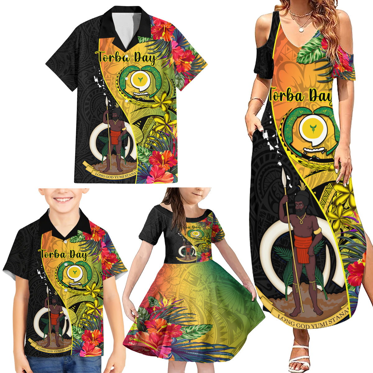 personalised-vanuatu-torba-day-family-matching-summer-maxi-dress-and-hawaiian-shirt-coat-of-arms-mix-tropical-flowers