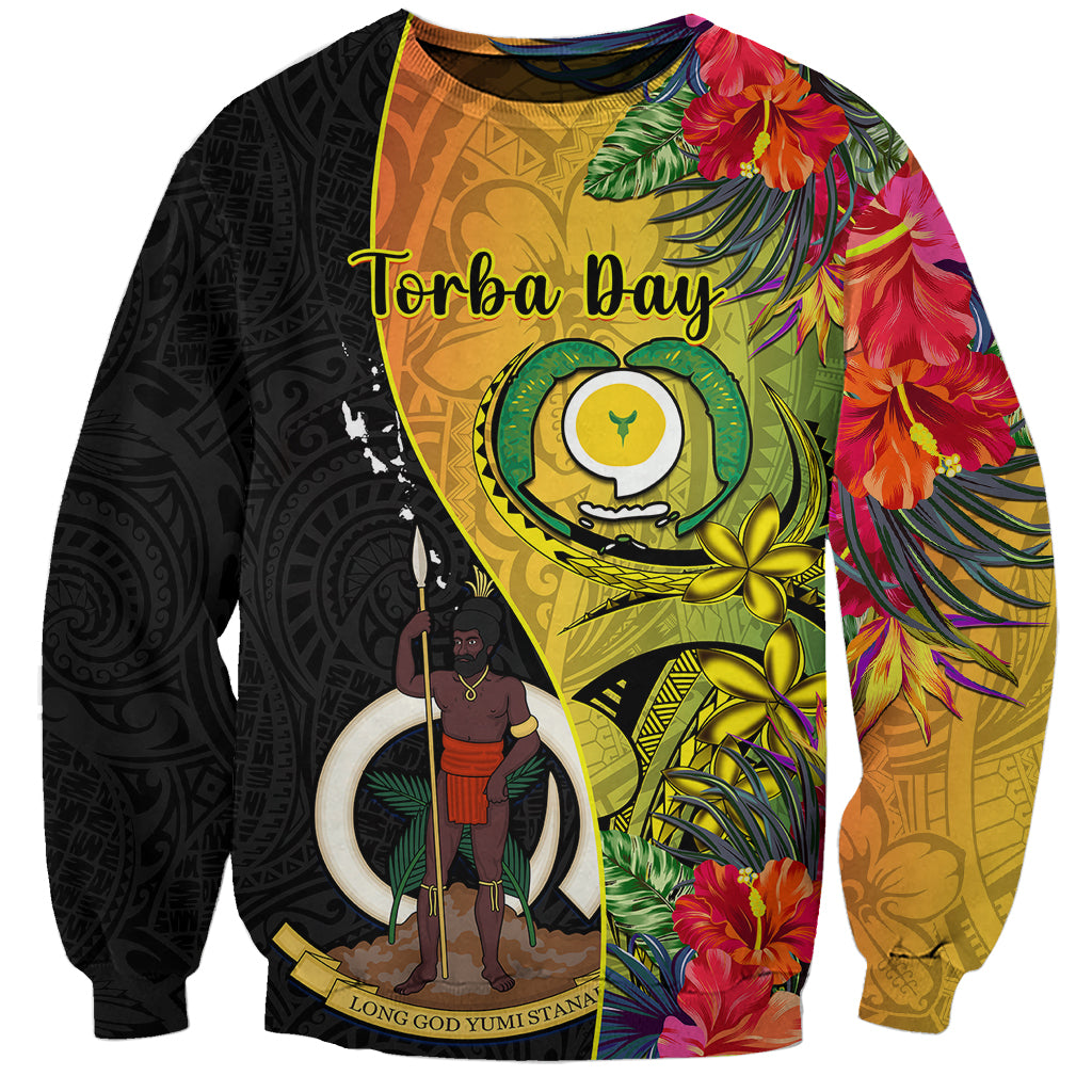 Personalised Vanuatu Torba Day Sweatshirt Coat Of Arms Mix Tropical Flowers LT14 Unisex Black - Polynesian Pride