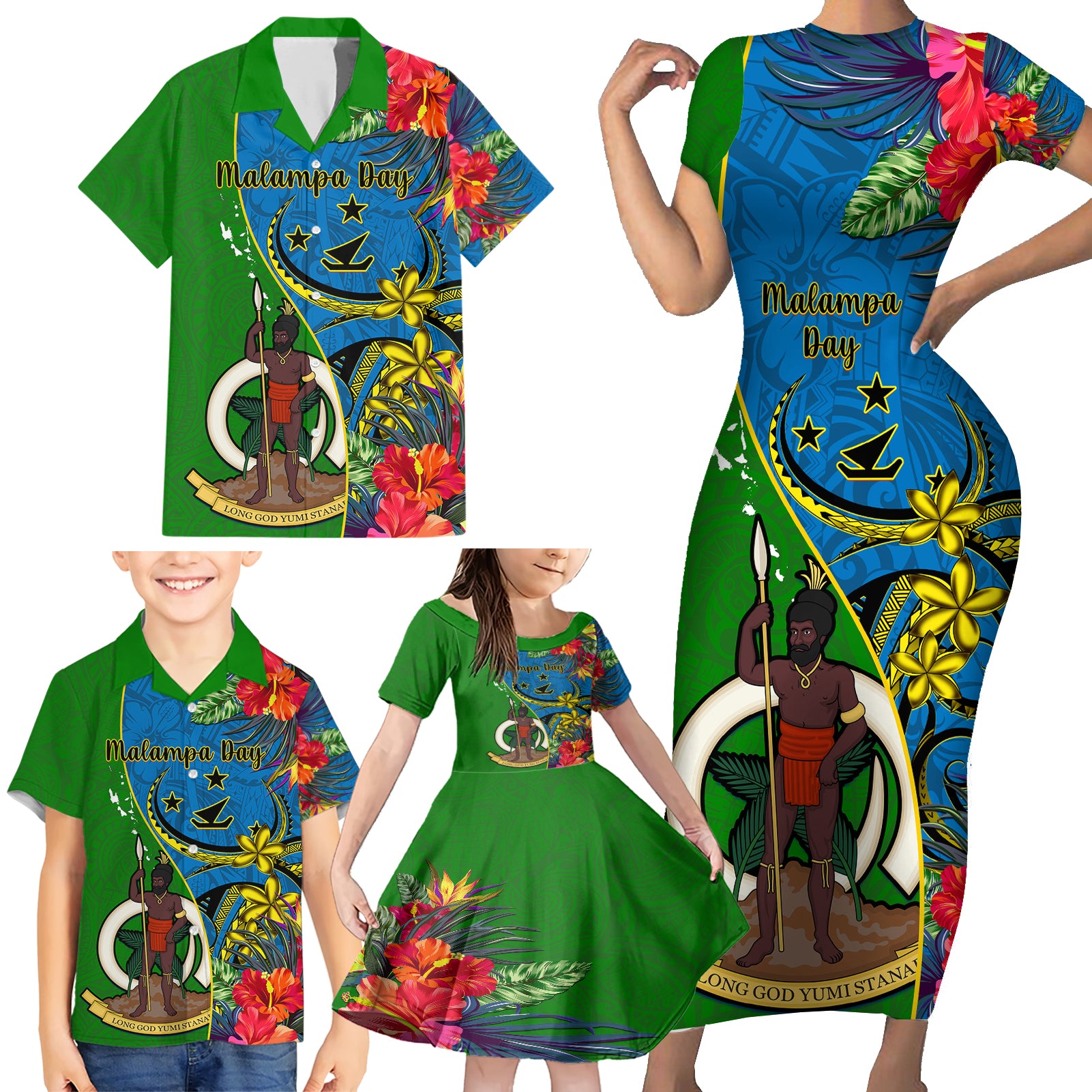 vanuatu-malampa-day-family-matching-short-sleeve-bodycon-dress-and-hawaiian-shirt-coat-of-arms-mix-tropical-flowers