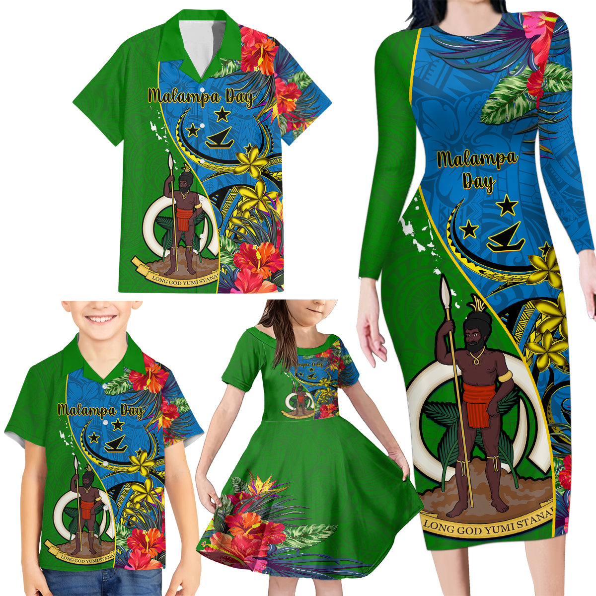 personalised-vanuatu-malampa-day-family-matching-long-sleeve-bodycon-dress-and-hawaiian-shirt-coat-of-arms-mix-tropical-flowers