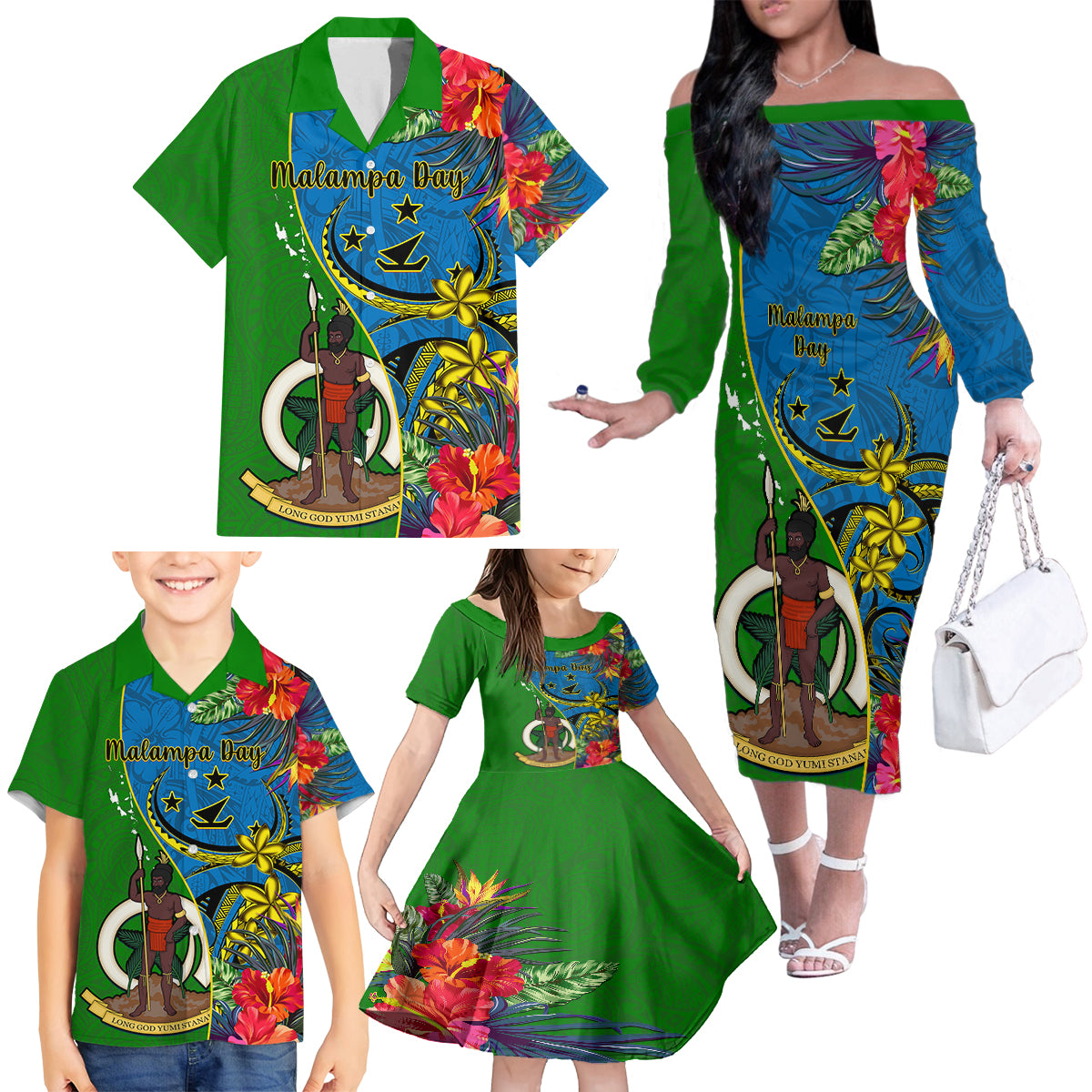 personalised-vanuatu-malampa-day-family-matching-off-shoulder-long-sleeve-dress-and-hawaiian-shirt-coat-of-arms-mix-tropical-flowers