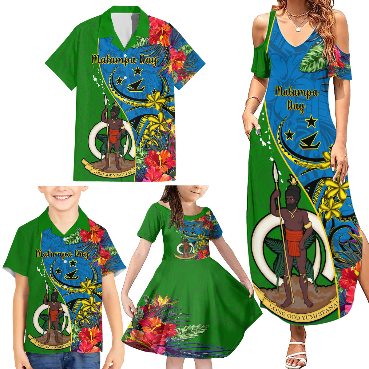 personalised-vanuatu-malampa-day-family-matching-summer-maxi-dress-and-hawaiian-shirt-coat-of-arms-mix-tropical-flowers