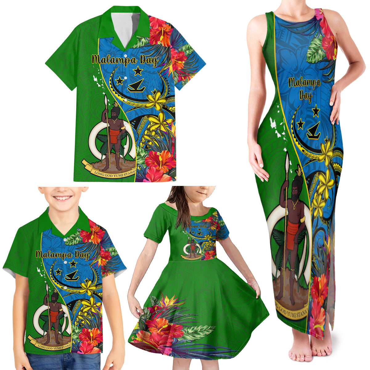 personalised-vanuatu-malampa-day-family-matching-tank-maxi-dress-and-hawaiian-shirt-coat-of-arms-mix-tropical-flowers