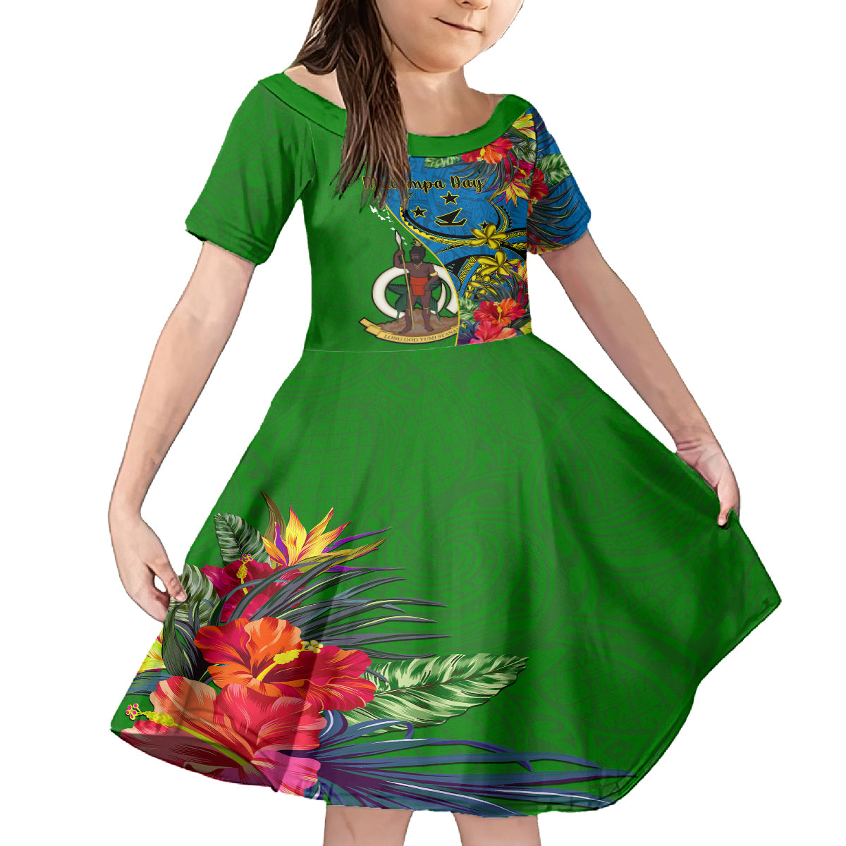 Personalised Vanuatu Malampa Day Kid Short Sleeve Dress Coat Of Arms Mix Tropical Flowers LT14 KID Green - Polynesian Pride