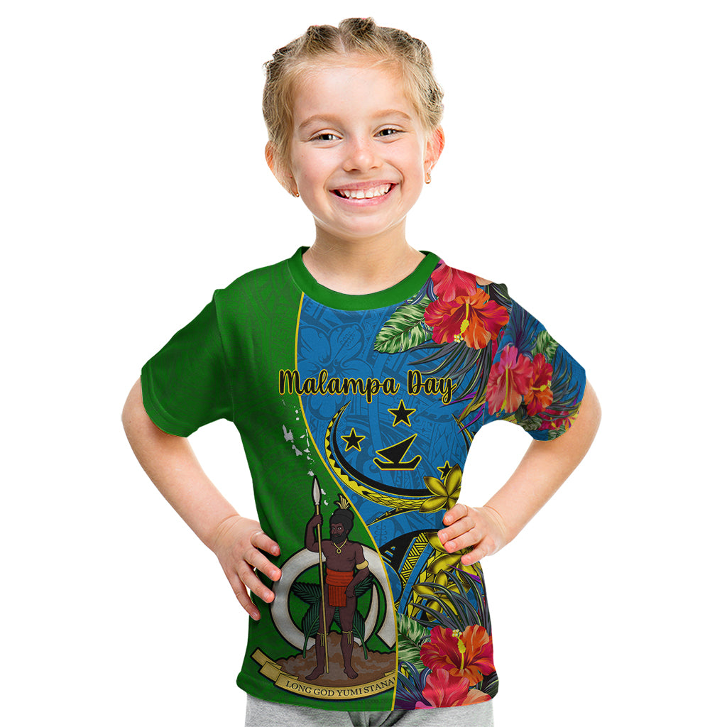 Personalised Vanuatu Malampa Day Kid T Shirt Coat Of Arms Mix Tropical Flowers LT14 Green - Polynesian Pride