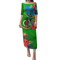 Personalised Vanuatu Malampa Day Puletasi Coat Of Arms Mix Tropical Flowers LT14 Long Dress Green - Polynesian Pride