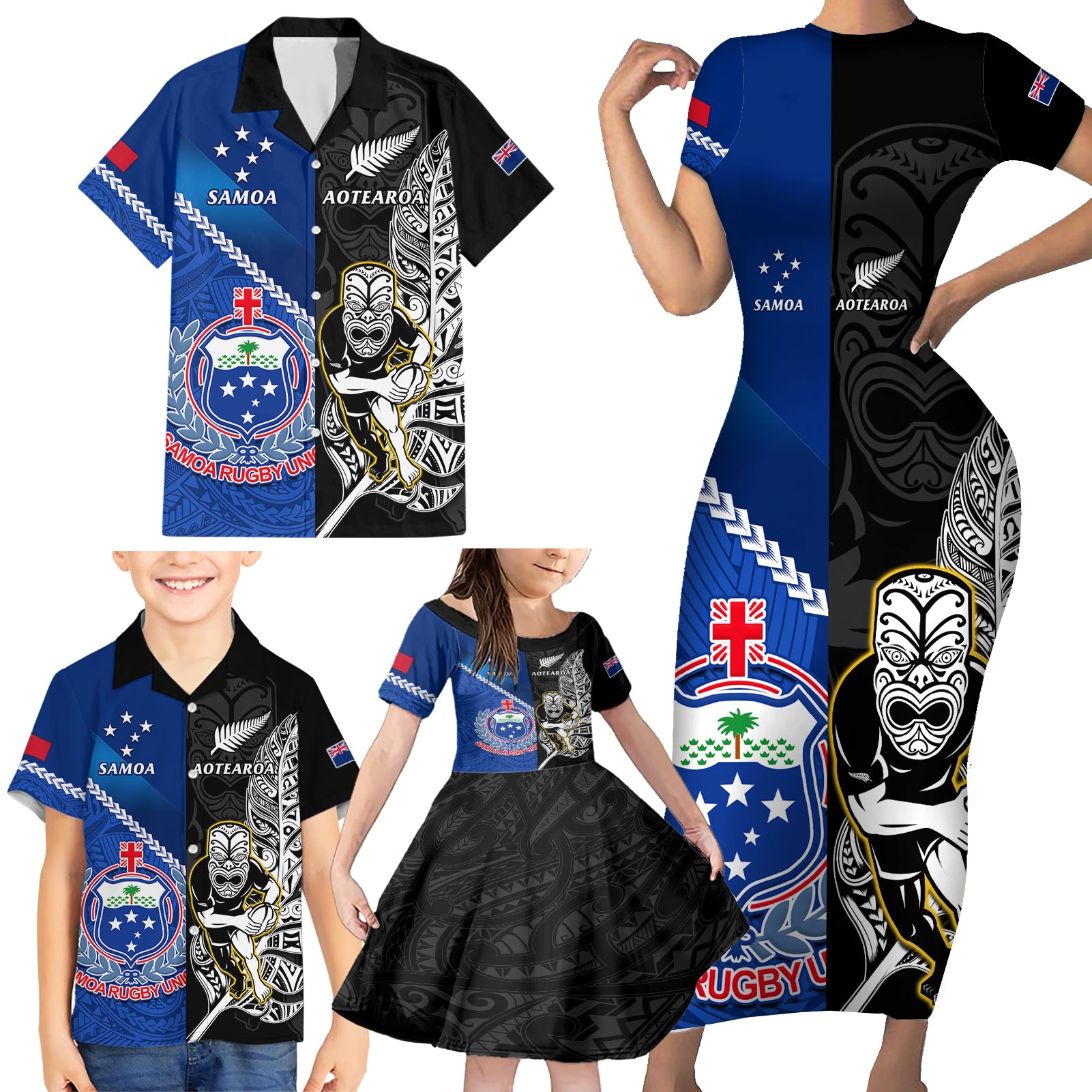 new-zealand-and-samoa-rugby-family-matching-short-sleeve-bodycon-dress-and-hawaiian-shirt-all-black-tiki-fern-mix-manu-samoa-2023-world-cup