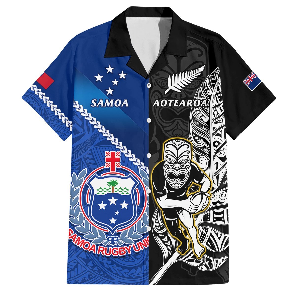 New Zealand And Samoa Rugby Hawaiian Shirt All Black Tiki Fern Mix Manu Samoa 2023 World Cup LT14 Black - Polynesian Pride