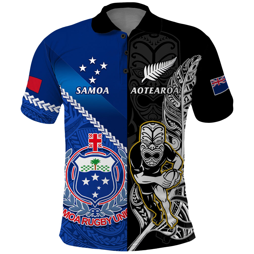 New Zealand And Samoa Rugby Polo Shirt All Black Tiki Fern Mix Manu Samoa 2023 World Cup LT14 Black - Polynesian Pride