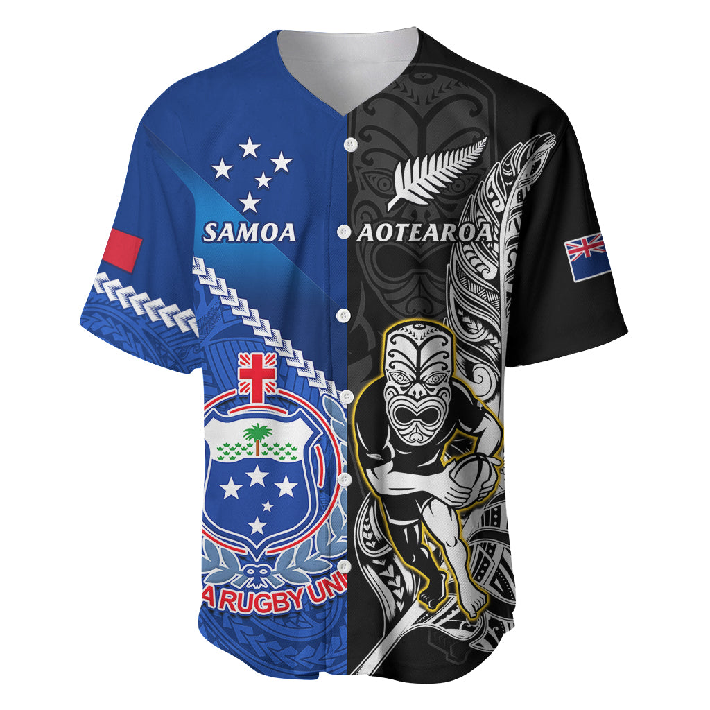 Custom New Zealand And Samoa Rugby Baseball Jersey All Black Tiki Fern Mix Manu Samoa 2023 World Cup LT14 Black - Polynesian Pride