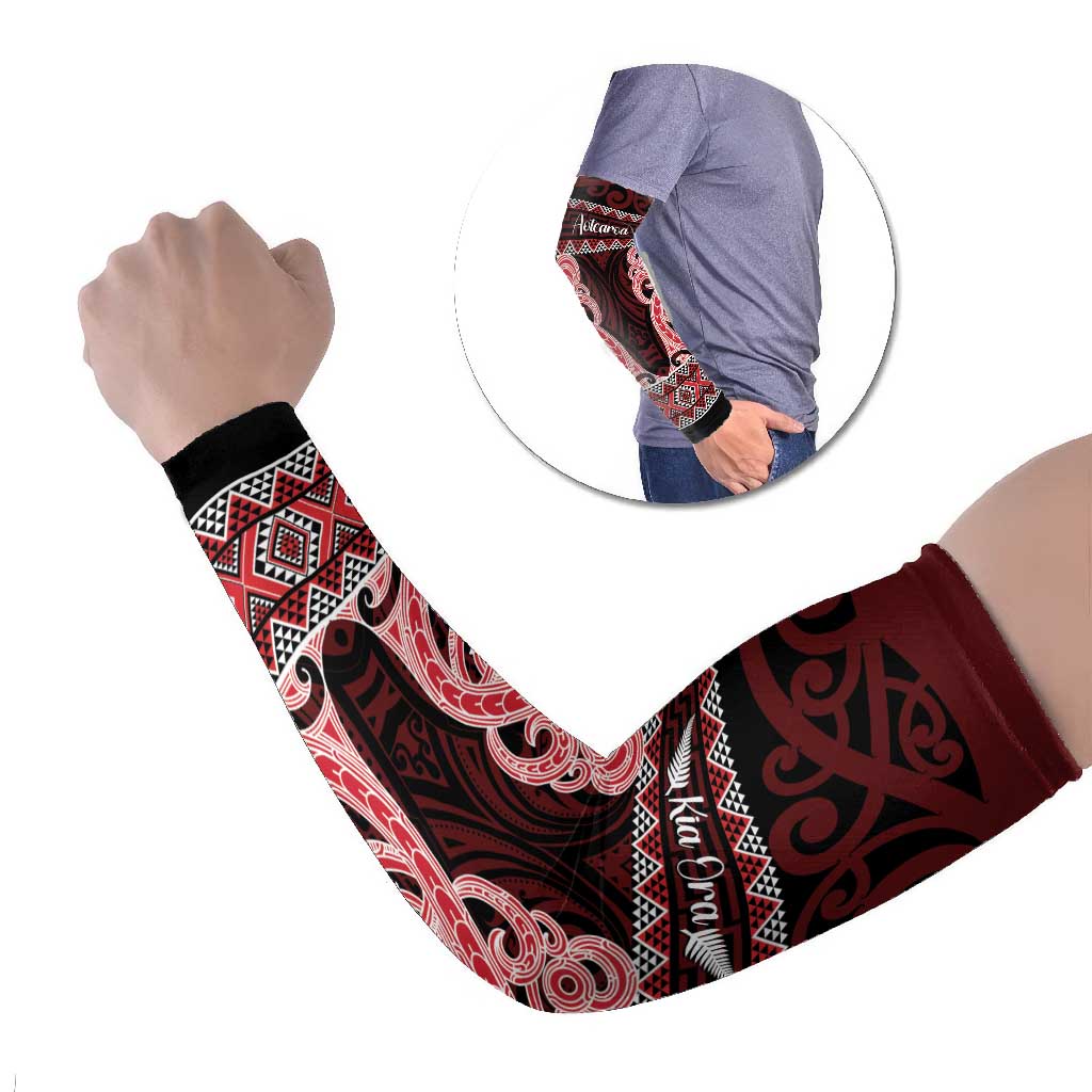 Kia Ora New Zealand Arm Sleeves Maori Language Week Whero Taniko Motif LT14 Set of 2 Red - Polynesian Pride