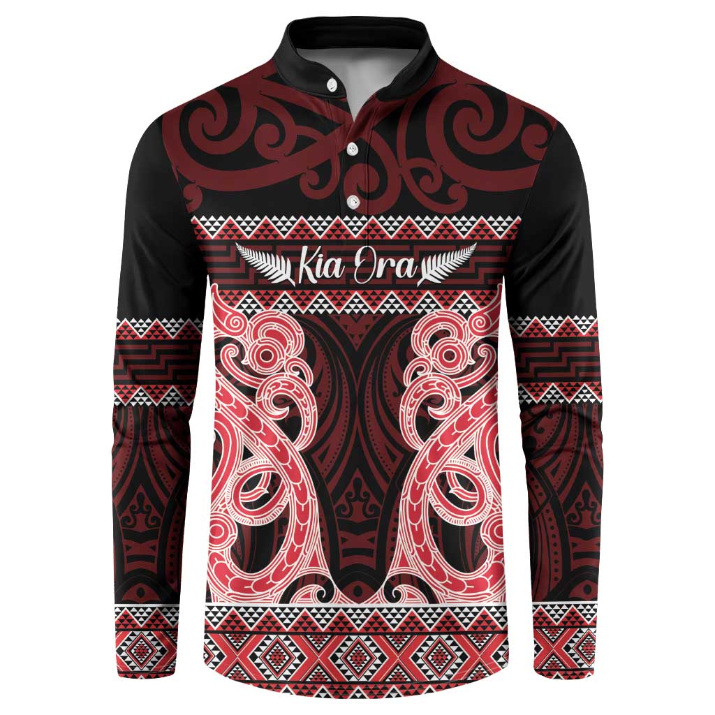 Kia Ora New Zealand Button Sweatshirt Maori Language Week Whero Taniko Motif LT14 Red - Polynesian Pride
