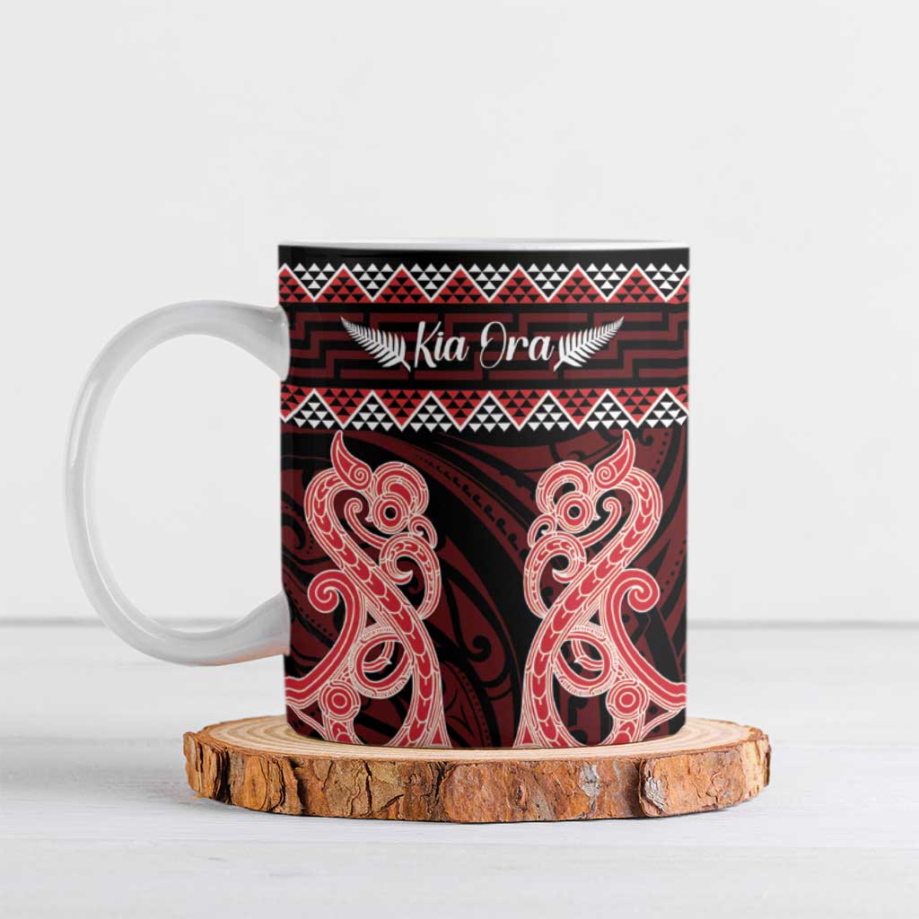 Kia Ora New Zealand Ceramic Mug Maori Language Week Whero Taniko Motif LT14 Red - Polynesian Pride