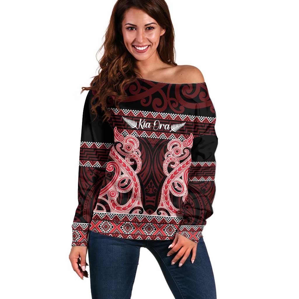 Kia Ora New Zealand Off Shoulder Sweater Maori Language Week Whero Taniko Motif LT14 Women Red - Polynesian Pride