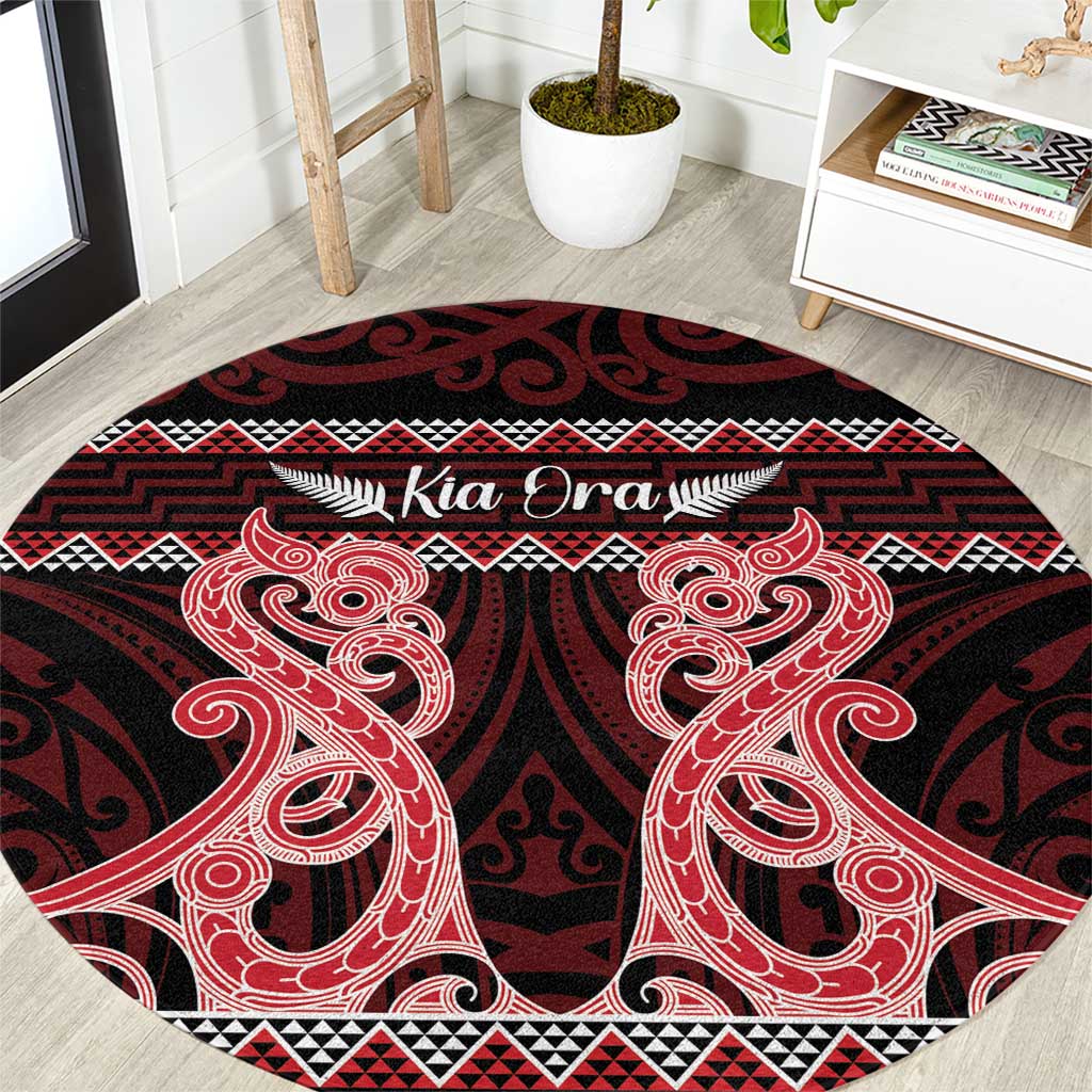 Kia Ora New Zealand Round Carpet Maori Language Week Whero Taniko Motif LT14 Red - Polynesian Pride