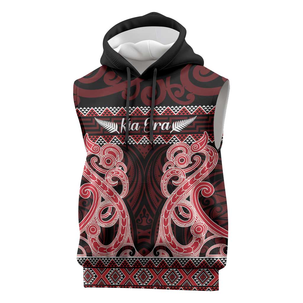 Kia Ora New Zealand Sleeveless Hoodie Maori Language Week Whero Taniko Motif LT14 Red - Polynesian Pride