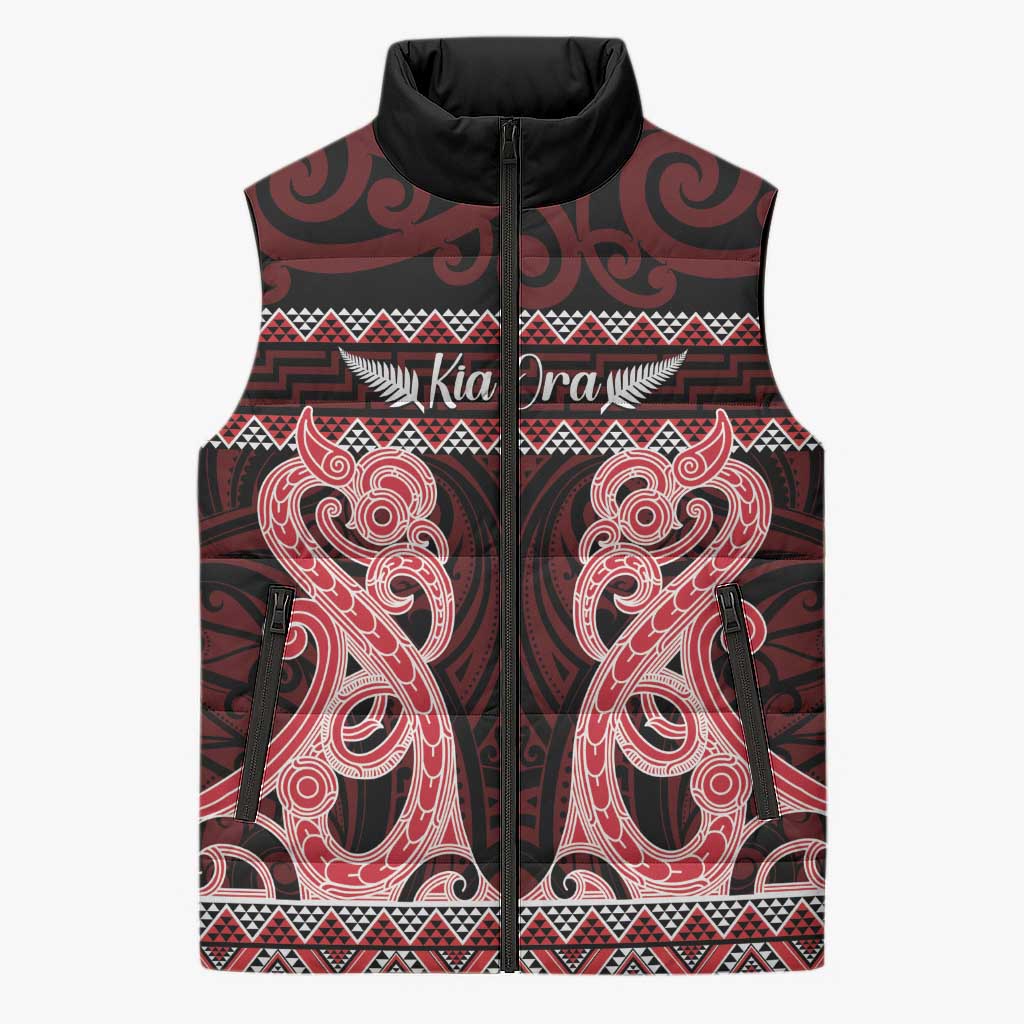 Kia Ora New Zealand Sleeveless Puffer Jacket Maori Language Week Whero Taniko Motif LT14 Unisex Red - Polynesian Pride