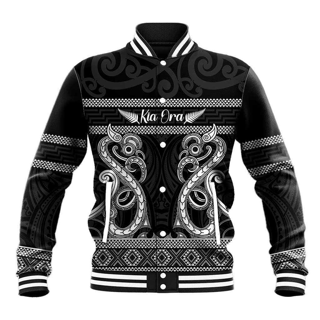 Kia Ora New Zealand Baseball Jacket Maori Language Week Pango Taniko Motif LT14 Unisex Black - Polynesian Pride