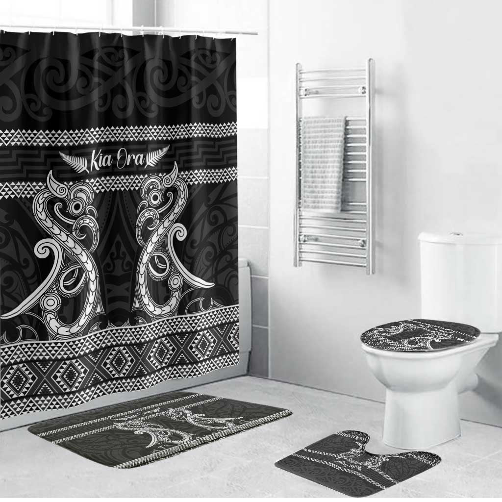 Kia Ora New Zealand Bathroom Set Maori Language Week Pango Taniko Motif LT14 Bathroom Set (4 pcs) Black - Polynesian Pride