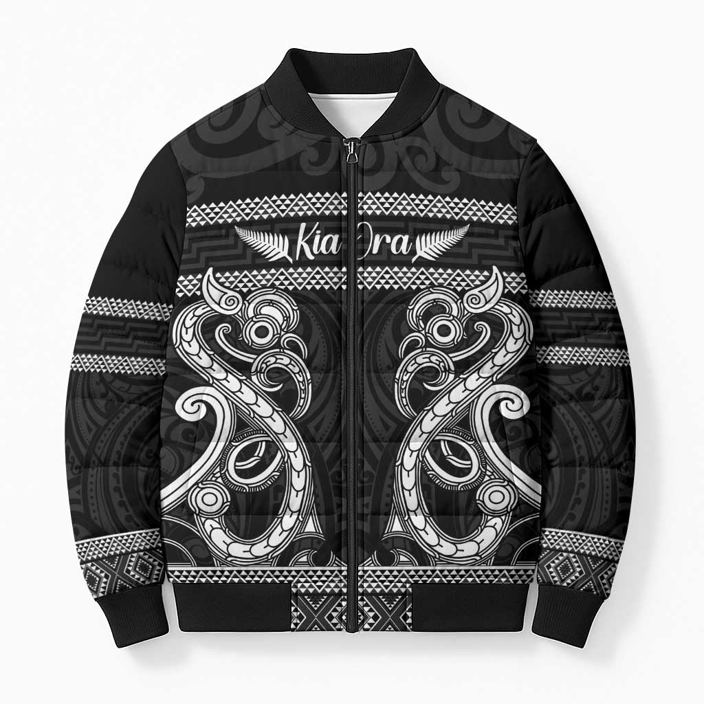 Kia Ora New Zealand Bomber Puffer Jacket Maori Language Week Pango Taniko Motif LT14 Unisex Black - Polynesian Pride