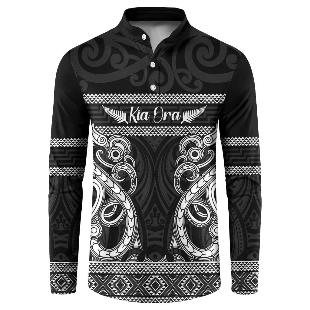 Kia Ora New Zealand Button Sweatshirt Maori Language Week Pango Taniko Motif LT14 Black - Polynesian Pride