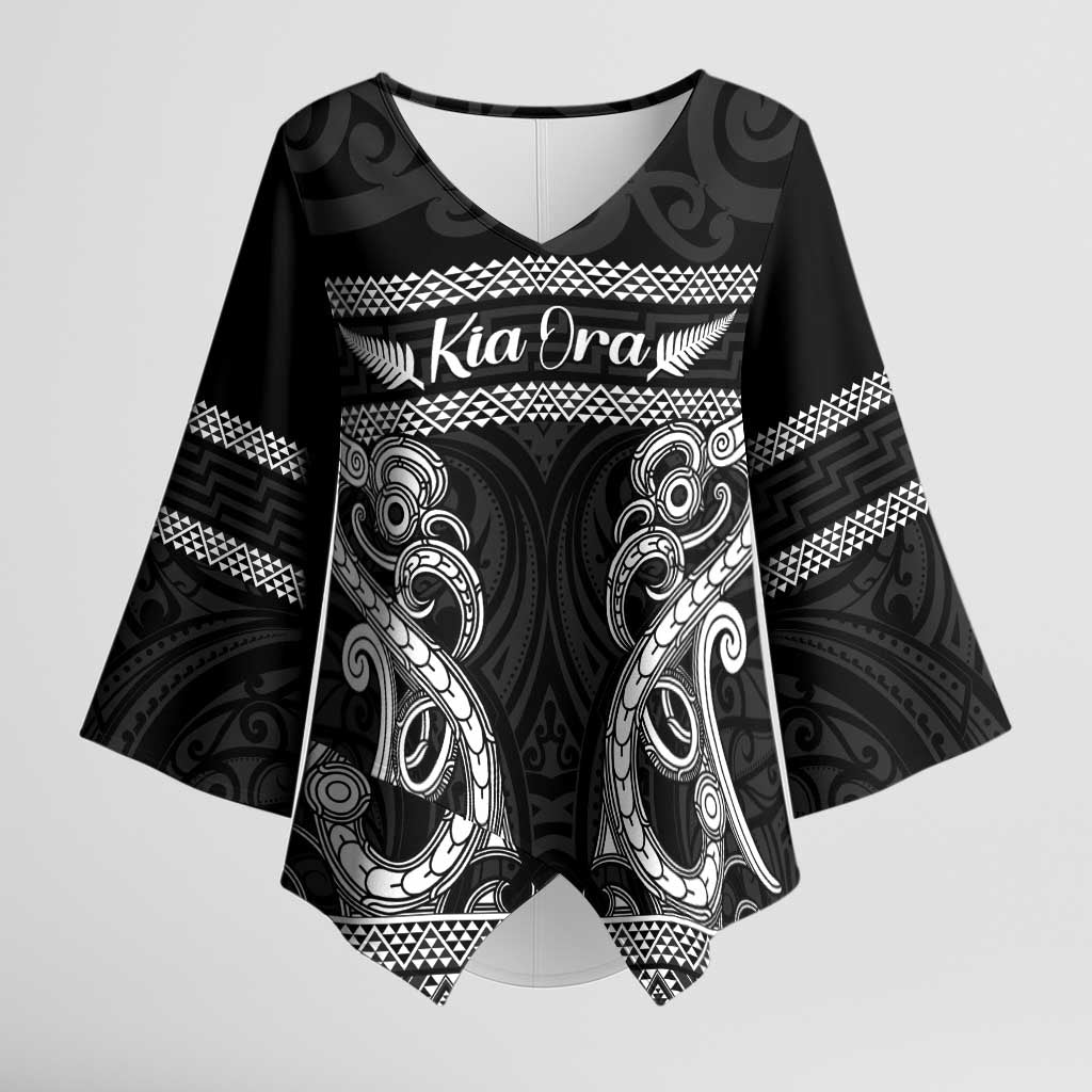 Kia Ora New Zealand Kimono Sleeve Blouse Maori Language Week Pango Taniko Motif LT14 Female Black - Polynesian Pride