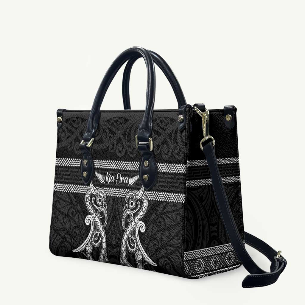 Kia Ora New Zealand Leather Bag Maori Language Week Pango Taniko Motif LT14 Black - Polynesian Pride
