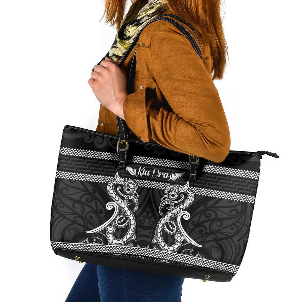 Kia Ora New Zealand Leather Tote Bag Maori Language Week Pango Taniko Motif LT14 Black - Polynesian Pride